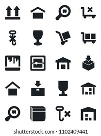 Set of vector isolated black icon - fragile vector, cargo, warehouse storage, up side sign, no trolley, hook, package, search, scanner, blank box