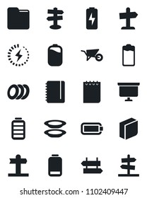 Set of vector isolated black icon - signpost vector, notepad, presentation board, wheelbarrow, battery, low, folder, charge, blank box, plates, guidepost
