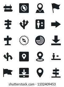 Set of vector isolated black icon - elevator vector, escalator, signpost, right arrow, radar, route, pin, download, place tag, compass, flag, guidepost