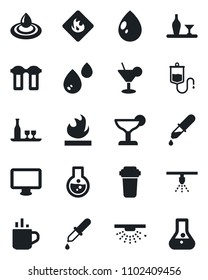 Set of vector isolated black icon - hot cup vector, water drop, dropper, flammable, monitor, alcohol, cocktail, filter, sprinkler, flask