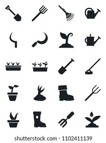 Set of vector isolated black icon - job vector, garden fork, shovel, farm, rake, seedling, watering can, sproute, boot, hoe, sickle, irrigation