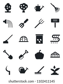 Set of vector isolated black icon - job vector, garden fork, shovel, farm, rake, watering can, hoe, sickle, plant label, pumpkin, greenhouse, seeds, drip irrigation, fruit tree