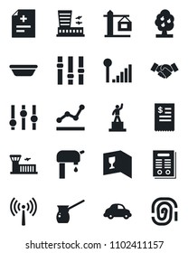 Set of vector isolated black icon - antenna vector, airport building, handshake, pedestal, diagnosis, car delivery, settings, cellular signal, point graph, contract, water supply, fruit tree, crane