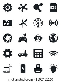 Set of vector isolated black icon - coffee machine vector, wireless notebook, gear, printer, earth, antenna, gamepad, share, mobile camera, settings, calculator, eye id, charge, air conditioner