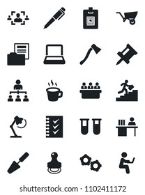 Set of vector isolated black icon - gear vector, hierarchy, meeting, trowel, wheelbarrow, axe, blood test vial, coffee, drawing pin, document folder, identity card, hr, checklist, manager desk, lamp