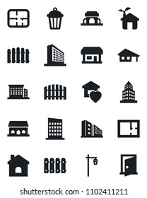 Set of vector isolated black icon - office building vector, fence, house, garden light, store, with garage, plan, sweet home, city, cafe, eco, door