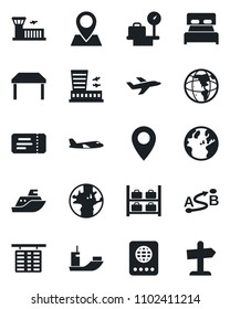 Set of vector isolated black icon - ticket vector, passport, plane, flight table, luggage storage, scales, airport building, earth, pin, sea shipping, route, bedroom, guidepost