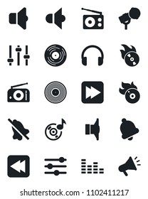 Set of vector isolated black icon - vinyl vector, flame disk, microphone, radio, speaker, equalizer, headphones, fast forward, rewind, tuning, bell, mute, music, sound, advertising