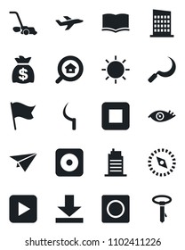 Set of vector isolated black icon - book vector, money bag, lawn mower, sun, sickle, eye, plane, play button, stop, rec, record, download, compass, estate search, city house, flag, paper, tie