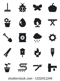 Set of vector isolated black icon - job vector, flower in pot, rake, seedling, tree, pruner, saw, butterfly, lady bug, fire, water drop, sun, rain, plant label, pumpkin, picnic table, bird house