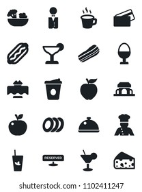 Set of vector isolated black icon - coffee vector, waiter, cook, dish, restaurant table, reserved, cocktail, phyto bar, salad, plates, bacon, egg stand, cafe building, credit card, hot dog, cheese