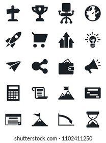 Set of vector isolated black icon - arrow up graph vector, motivation, rocket, wallet, earth, crisis, office chair, idea, cart, calculator, paper plane, schedule, social media, advertising, contract