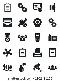 Set of vector isolated black icon - speaking man vector, team, satellite, office phone, clipboard, speaker, remote control, share, chain, mail, paper tray, web camera, home app, gear, group
