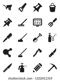 Set of vector isolated black icon - pen vector, drawing pin, pencil, garden fork, shovel, rake, wheelbarrow, bucket, saw, hoe, knife, axe, sprayer, monitor pulse, share, hard work