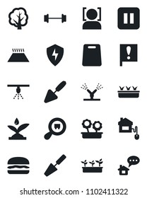 Set of vector isolated black icon - trowel vector, tree, seedling, barbell, important flag, search cargo, pause button, protect, face id, flower in pot, hamburger, cutting board, home control