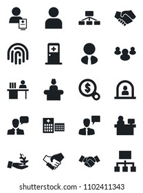 Set of vector isolated black icon - reception vector, medical room, handshake, speaking man, manager place, hospital, patient, speaker, group, user, fingerprint id, desk, estate agent, palm sproute