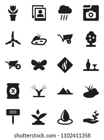 Set of vector isolated black icon - storm cloud vector, flower in pot, wheelbarrow, butterfly, water drop, plant label, pond, fertilizer, photo gallery, windmill, fruit tree, mountains, alcohol
