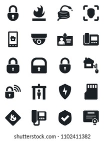 Set of vector isolated black icon - security gate vector, lock, identity card, hose, shield, flammable, protect, sd, face id, home control, wireless, intercome, app, surveillance, certificate