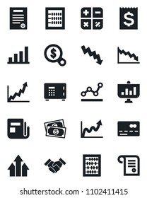Set of vector isolated black icon - credit card vector, safe, calculator, abacus, crisis graph, cash, receipt, news, bar, point, handshake, contract, arrow up, growth, money search, presentation
