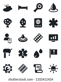 Set of vector isolated black icon - passport vector, bed, statistic monitor, contract, water drop, pond, heart diagnostic, pills blister, ambulance star, patient, important flag, root setup, supply
