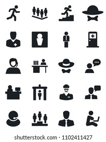 Set of vector isolated black icon - security gate vector, male, medical room, manager, pedestal, team, place, run, doctor, support, client, speaker, desk, career ladder, dress code