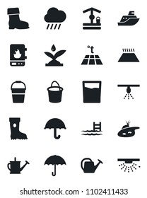 Set of vector isolated black icon - watering can vector, bucket, boot, rain, well, sea shipping, umbrella, pond, pool, drink, irrigation, water heater, warm floor, sprinkler