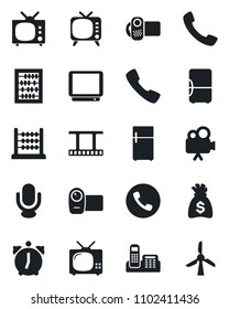 Set of vector isolated black icon - phone vector, abacus, money bag, film frame, tv, video camera, microphone, call, alarm, office, fridge, windmill
