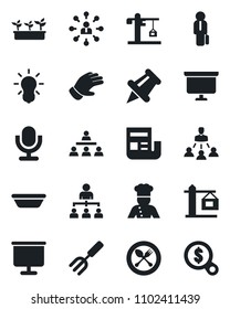 Set of vector isolated black icon - spoon and fork vector, hierarchy, presentation board, garden, glove, seedling, microphone, paper pin, news, manager, crane, cook, bowl, bulb, money search