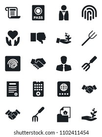 Set of vector isolated black icon - passport vector, handshake, garden fork, farm, heart hand, client, finger down, fingerprint id, contract, estate document, waiter, remote control, palm sproute