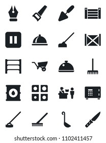 Set of vector isolated black icon - passport control vector, safe, trowel, rake, wheelbarrow, saw, hoe, container, oil barrel, rack, pause button, application, ink pen, dish, ladle, knife