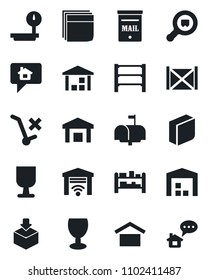 Set of vector isolated black icon - container vector, fragile, warehouse storage, no trolley, package, heavy scales, search cargo, rack, blank box, mailbox, garage gate control, home message