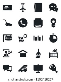 Set of vector isolated black icon - plane radar vector, phone, ticket, ladder car, bulb, lawn mower, warehouse storage, barcode, dialog, hdmi, themes, stopwatch, copybook, presentation board, hr