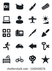 Set of vector isolated black icon - coffee machine vector, left arrow, trowel, garden knife, bike, run, patient, car delivery, no hook, brightness, application, notebook pc, pen, fruit tree, bacon