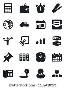 Set of vector isolated black icon - dispatcher vector, calendar, support, car delivery, heavy scales, clock, alarm, mail, cut, drawing pin, calculator, office phone, paper binder, stapler, wallet