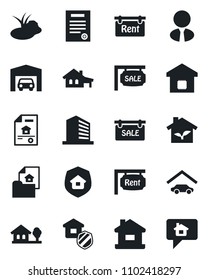 Set of vector isolated black icon - office building vector, pond, contract, house, with garage, tree, estate document, sale, rent, agent, smart home, insurance, eco, message