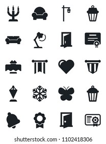 Set of vector isolated black icon - pennant vector, butterfly, garden light, heart, bell, sertificate, desk lamp, cushioned furniture, restaurant table, candle, snowflake, outdoor, door, pennon