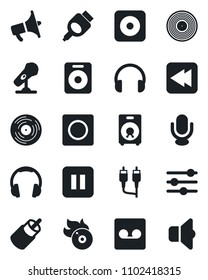 Set of vector isolated black icon - vinyl vector, flame disk, microphone, loudspeaker, headphones, speaker, pause button, rewind, rec, rca, hdmi, tuning, record, sound