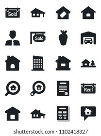 Set of vector isolated black icon - house vector, real heart, contract, with garage, tree, rent, sold signboard, estate search, agent, smart home, city, message