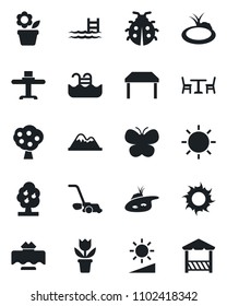Set of vector isolated black icon - cafe vector, flower in pot, lawn mower, butterfly, lady bug, sun, pond, brightness, pool, fruit tree, mountains, table, restaurant, alcove