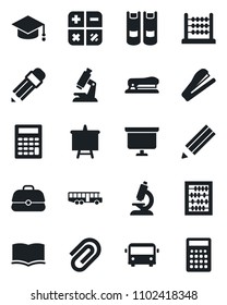 Set of vector isolated black icon - airport bus vector, book, calculator, graduate, abacus, presentation board, microscope, paper clip, pencil, stapler, case