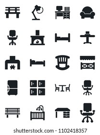 Set of vector isolated black icon - cafe vector, bed, checkroom, office chair, desk, bench, lamp, bedroom, children room, cushioned furniture, fireplace, restaurant table, alcove, fridge