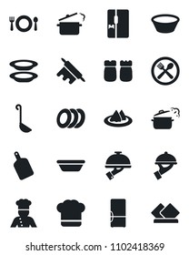 Set of vector isolated black icon - fridge vector, cook, serviette, cafe, hat, plates, waiter, salt and pepper, ladle, bowl, rolling pin, cutting board, steaming pan