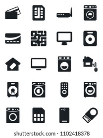 Set of vector isolated black icon - washer vector, monitor, speaker, phone back, sim, smart home, credit card, control, chip, remote, router, usb flash