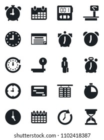 Set of vector isolated black icon - alarm clock vector, flight table, calendar, heavy scales, stopwatch, manager, schedule, sand
