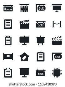 Set of vector isolated black icon - fence vector, flight table, presentation board, clipboard, clapboard, sale, rooms, sold signboard, smart home, chip