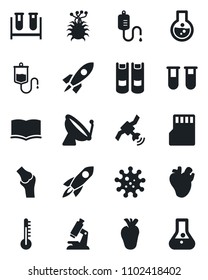 Set of vector isolated black icon - satellite antenna vector, book, blood test vial, dropper, microscope, real heart, joint, virus, sd, thermometer, rocket, flask