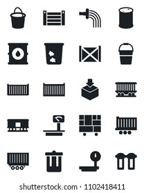 Set of vector isolated black icon - trash bin vector, bucket, watering, railroad, truck trailer, cargo container, consolidated, package, oil barrel, heavy scales, water filter