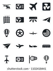 Set of vector isolated black icon - plane vector, radar, wind, helicopter, seat map, air conditioner, fan, paper, balloon