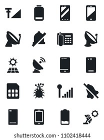 Set of vector isolated black icon - satellite antenna vector, mobile phone, virus, cell, low battery, back, sim, mute, cellular signal, office, sun panel