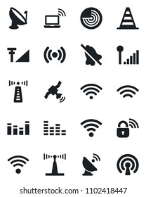 Set of vector isolated black icon - antenna vector, wireless notebook, border cone, radar, satellite, equalizer, mute, cellular signal, lock